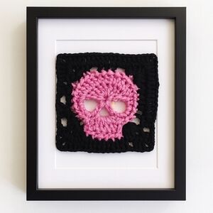 Handcrafted Pink Skull Granny Square Crochet Art Grunge Día de los Muertos Decor